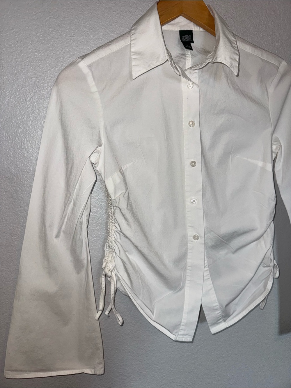 wild fable White Ruched-Side Button Down Shirt Bell Style Sleeve XS - Picture 11 of 15